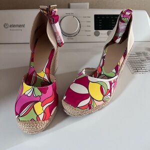 Colorful Pink Floral Espadrille Wedge Sandals